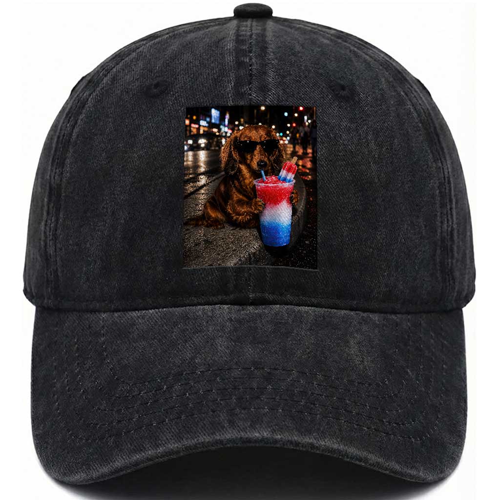 4th Of July Dachshund Drinking Slushie Washed Cotton Baseball Cap Patriotic 250 Anniversary USA Dog Lovers Funny Meme