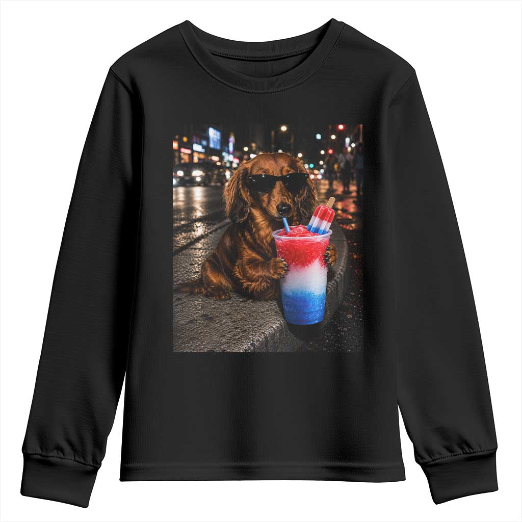 4th Of July Dachshund Drinking Slushie Youth Sweatshirt Patriotic 250 Anniversary USA Dog Lovers Funny Meme TS10 Black Print Your Wear