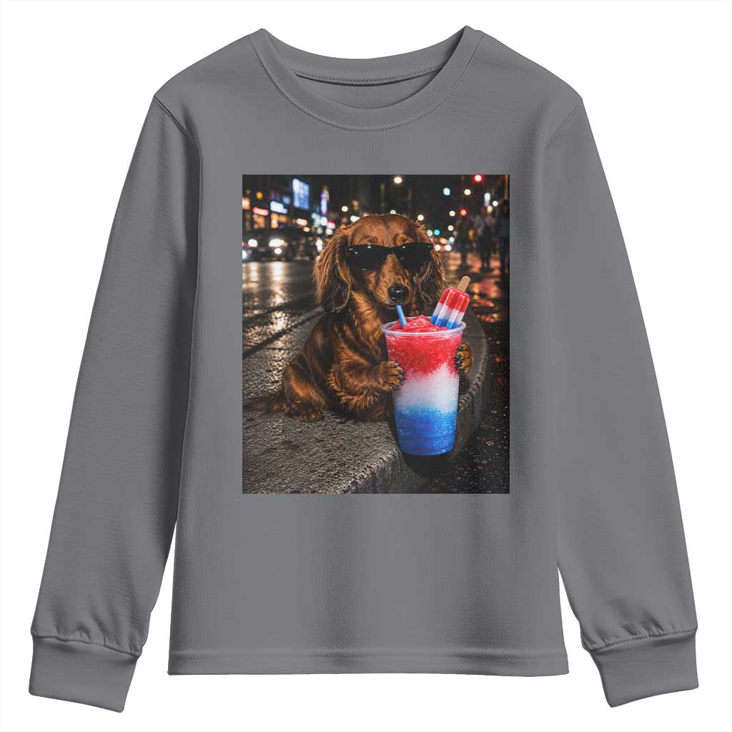 4th Of July Dachshund Drinking Slushie Youth Sweatshirt Patriotic 250 Anniversary USA Dog Lovers Funny Meme