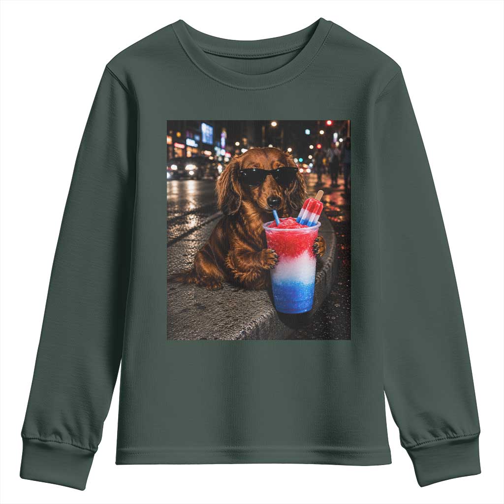 4th Of July Dachshund Drinking Slushie Youth Sweatshirt Patriotic 250 Anniversary USA Dog Lovers Funny Meme