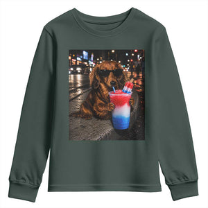 4th Of July Dachshund Drinking Slushie Youth Sweatshirt Patriotic 250 Anniversary USA Dog Lovers Funny Meme