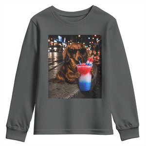 4th Of July Dachshund Drinking Slushie Youth Sweatshirt Patriotic 250 Anniversary USA Dog Lovers Funny Meme
