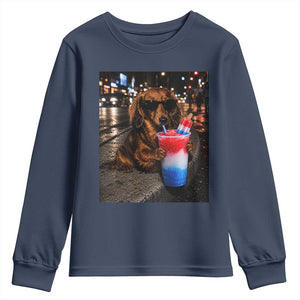 4th Of July Dachshund Drinking Slushie Youth Sweatshirt Patriotic 250 Anniversary USA Dog Lovers Funny Meme