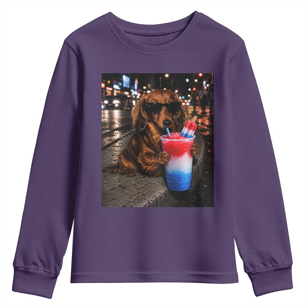 4th Of July Dachshund Drinking Slushie Youth Sweatshirt Patriotic 250 Anniversary USA Dog Lovers Funny Meme