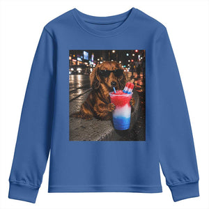 4th Of July Dachshund Drinking Slushie Youth Sweatshirt Patriotic 250 Anniversary USA Dog Lovers Funny Meme