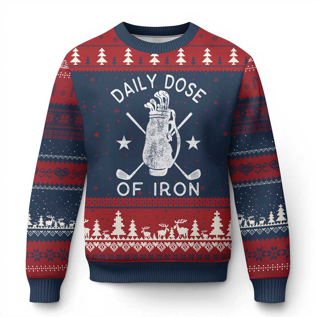 Funny Golfer Ugly Christmas Sweater Daily Dose of Iron Golf TS10 Navy Red Print Your Wear