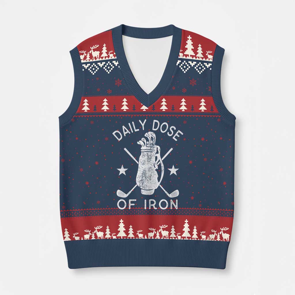 Funny Golfer V-Neck Knit Sweater Vest Daily Dose of Iron Golf TS10 Navy Red Print Your Wear