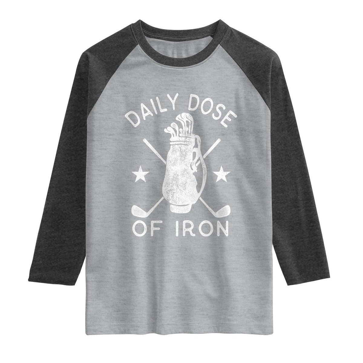 Funny Golfer Raglan Shirt Daily Dose of Iron Golf TS10 Heather Gray Heather Charcoal Print Your Wear