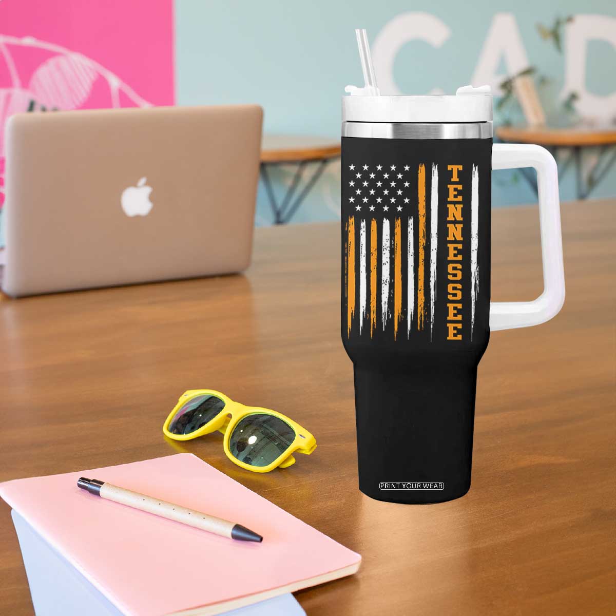 Vintage Tennessee Tumbler With Handle Retro Classic TN Orange Print Retro American Flag