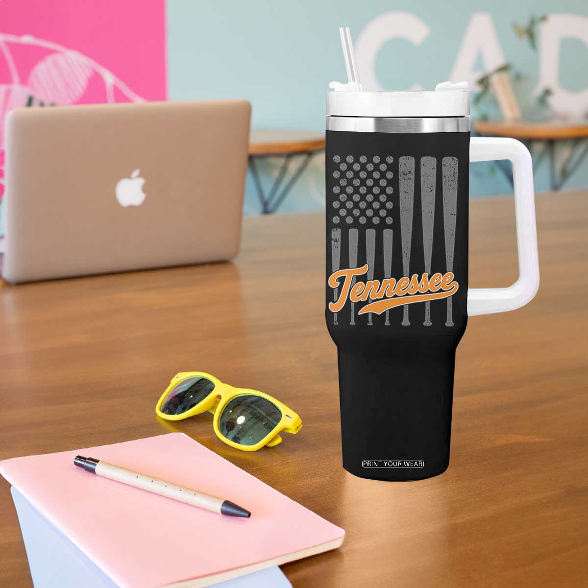 Vintage Tennessee Tumbler With Handle Retro Classic TN Orange Print Retro Baseball American US Flag