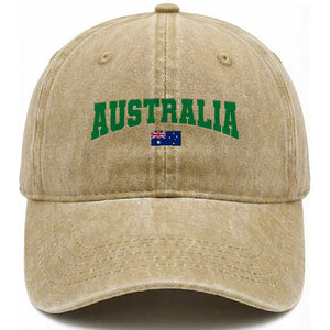 Green Yellow Australia Washed Cotton Baseball Cap Down Under Team Australia Flag Varsity Lettering Soccer Fans Football Tournament