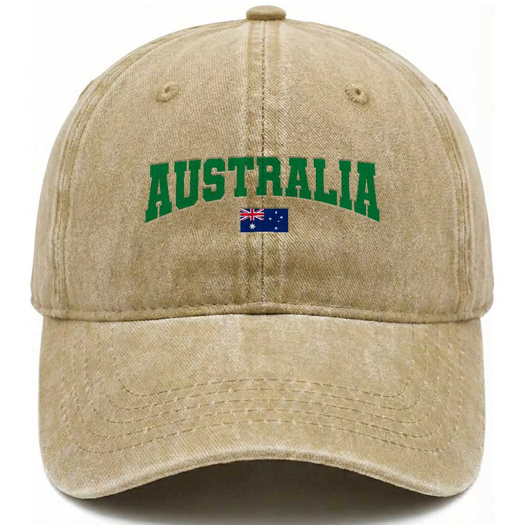 Green Yellow Australia Washed Cotton Baseball Cap Down Under Team Australia Flag Varsity Lettering Soccer Fans Football Tournament TS10 Print Your Wear