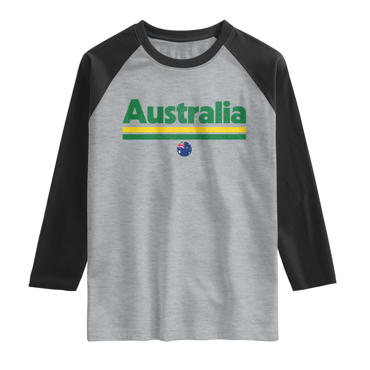 Australia Fan Raglan Shirt Retro Vintage Flag Green Yellow Country Pride Distressed Graphic