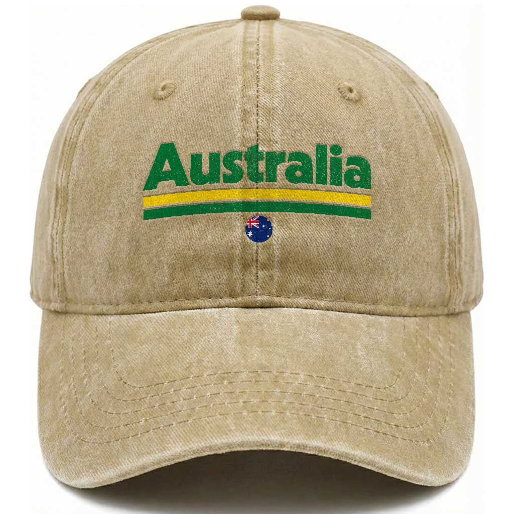 Australia Fan Washed Cotton Baseball Cap Retro Vintage Flag Green Yellow Country Pride Distressed Graphic TS10 Print Your Wear