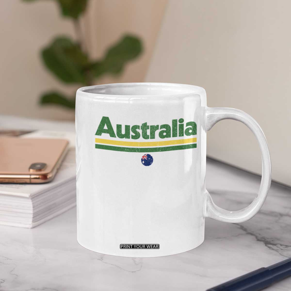 Australia Fan Coffee Mug Retro Vintage Flag Green Yellow Country Pride Distressed Graphic