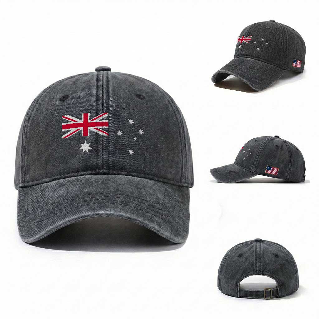Vintage Australian Flag Washed Cotton Baseball Cap Australia Distressed Patriotic Southern Cross Country Pride Graphic