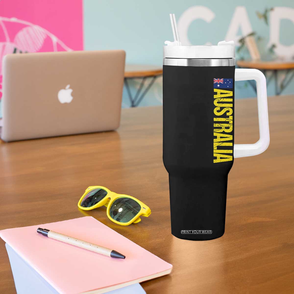 Australia Flag Tumbler With Handle Patriotic Country Pride Vertical Text Graphic