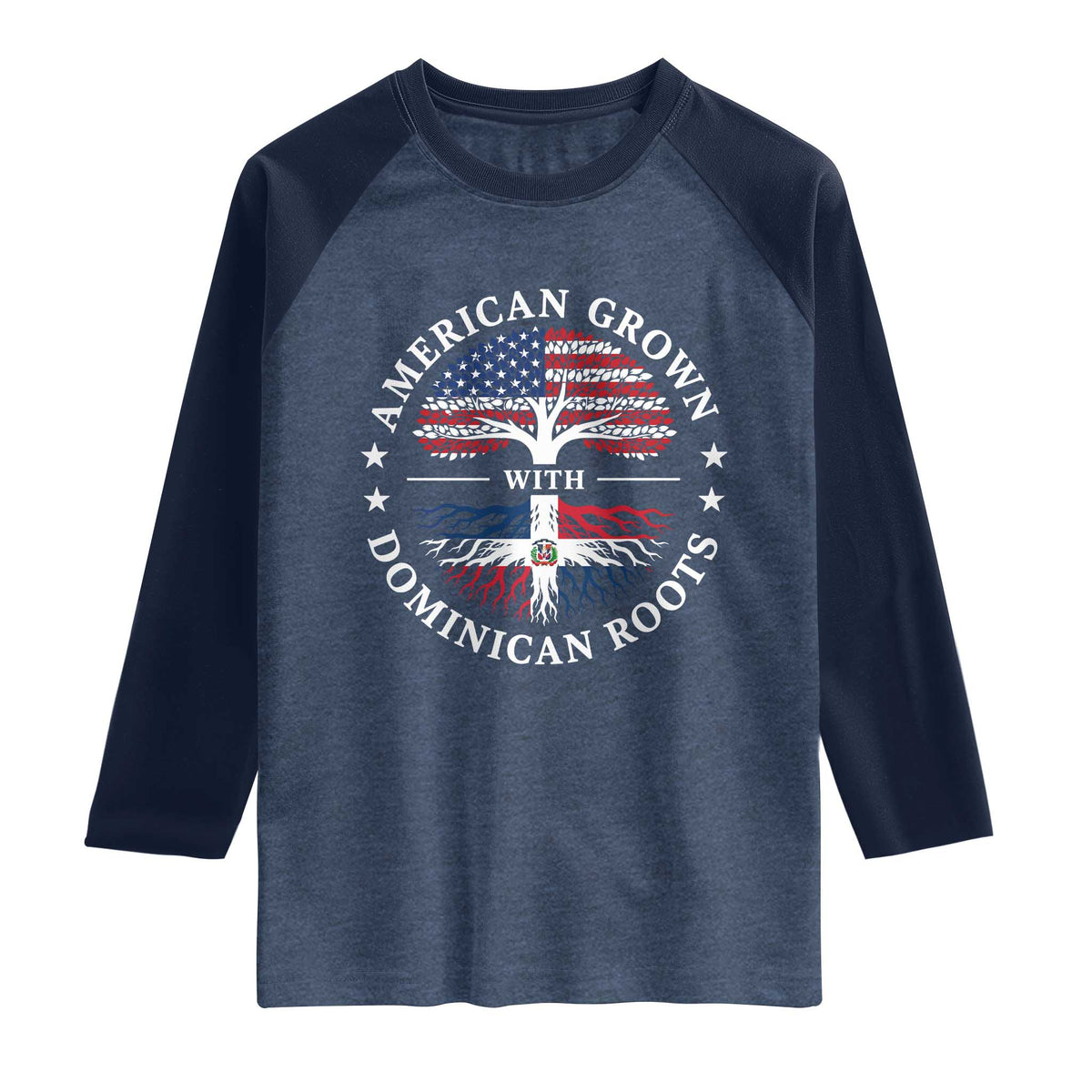 American Grown With Dominican Roots Raglan Shirt USA Dominican Republic Heritage Pride Gift TS10 Heather Denim Navy Print Your Wear