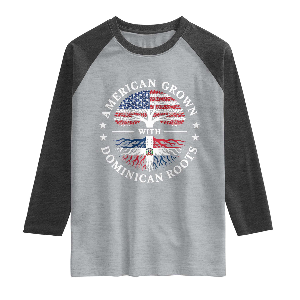 American Grown With Dominican Roots Raglan Shirt USA Dominican Republic Heritage Pride Gift TS10 Heather Gray Heather Charcoal Print Your Wear