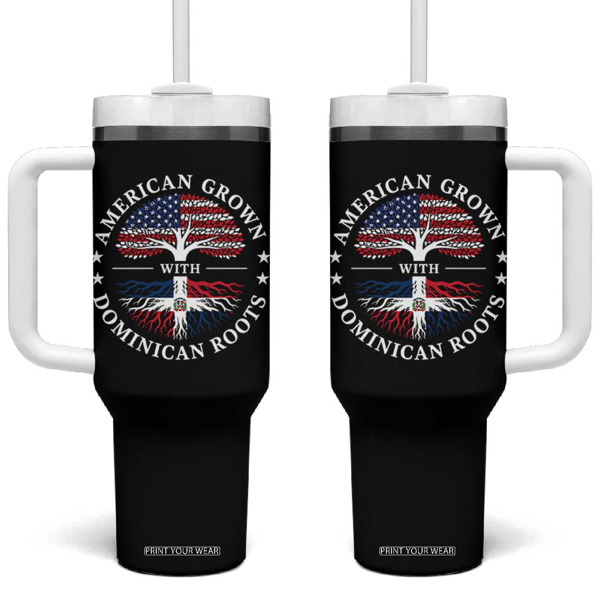 American Grown With Dominican Roots Tumbler With Handle USA Dominican Republic Heritage Pride Gift TS10 One Size: 40 oz Black Print Your Wear