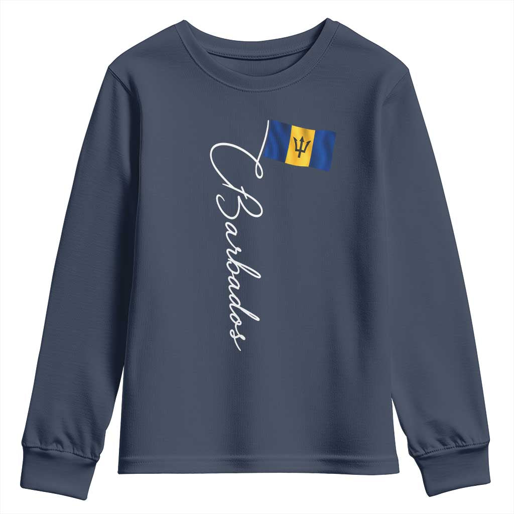 Barbados Flag Youth Sweatshirt Elegant Barbados Pride Patriotic Island Heritage Gift TS10 Navy Print Your Wear