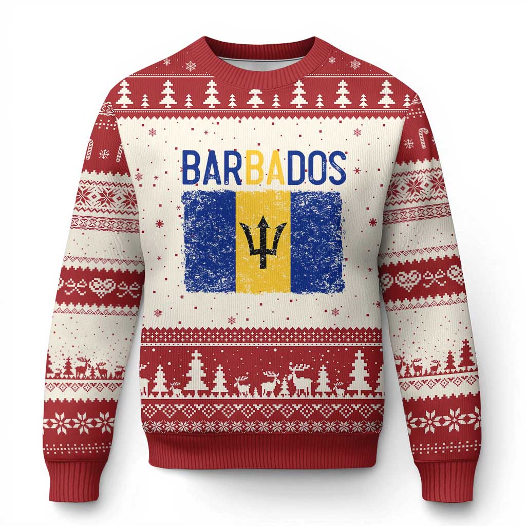 Vintage Distressed Barbados Flag Ugly Christmas Sweater Bajan Caribbean Heritage Patriotic Pride Gift TS10 Beige Red Print Your Wear