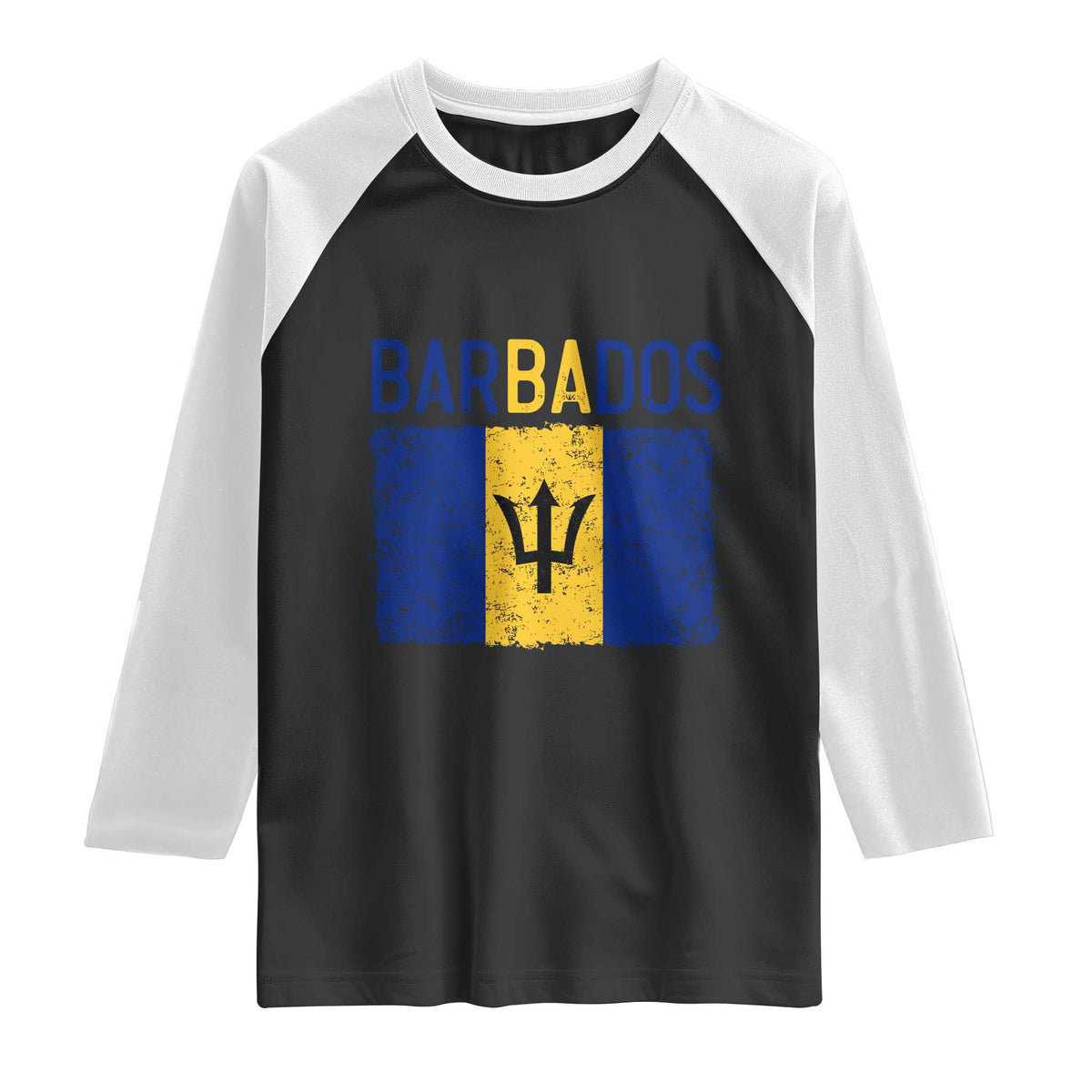 Vintage Distressed Barbados Flag Raglan Shirt Bajan Caribbean Heritage Patriotic Pride Gift TS10 Black White Print Your Wear