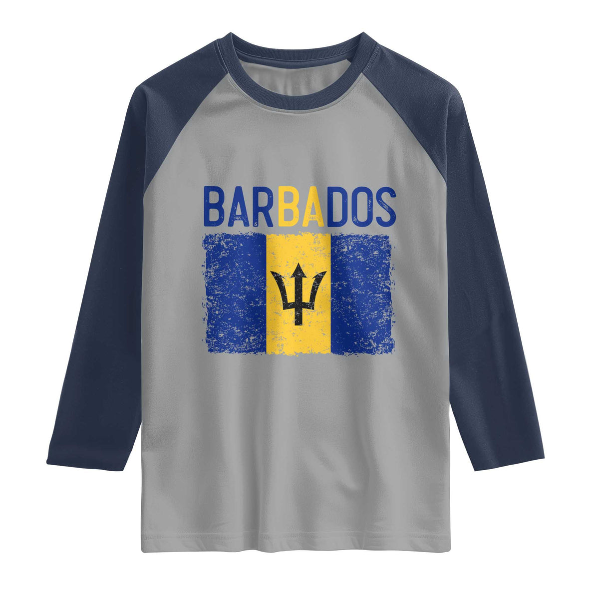 Vintage Distressed Barbados Flag Raglan Shirt Bajan Caribbean Heritage Patriotic Pride Gift TS10 Sport Gray Navy Print Your Wear