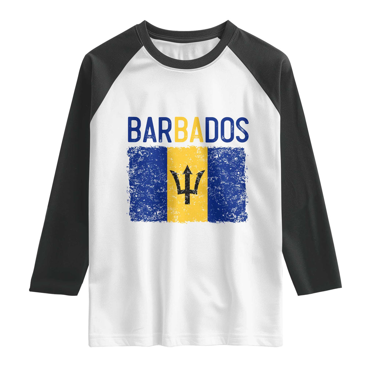 Vintage Distressed Barbados Flag Raglan Shirt Bajan Caribbean Heritage Patriotic Pride Gift TS10 White Black Print Your Wear