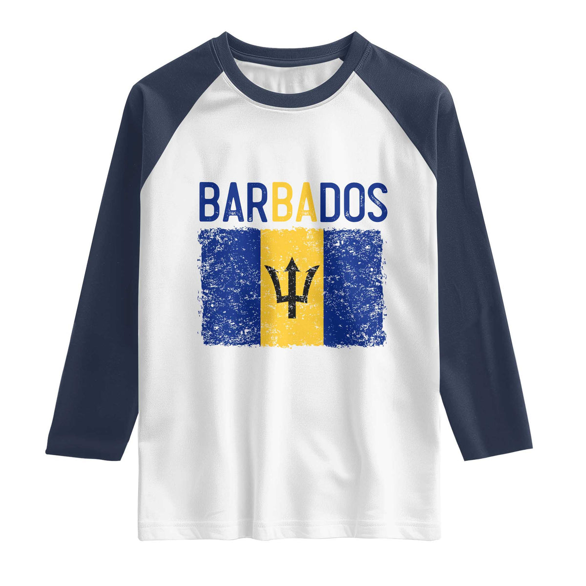 Vintage Distressed Barbados Flag Raglan Shirt Bajan Caribbean Heritage Patriotic Pride Gift TS10 White Navy Print Your Wear