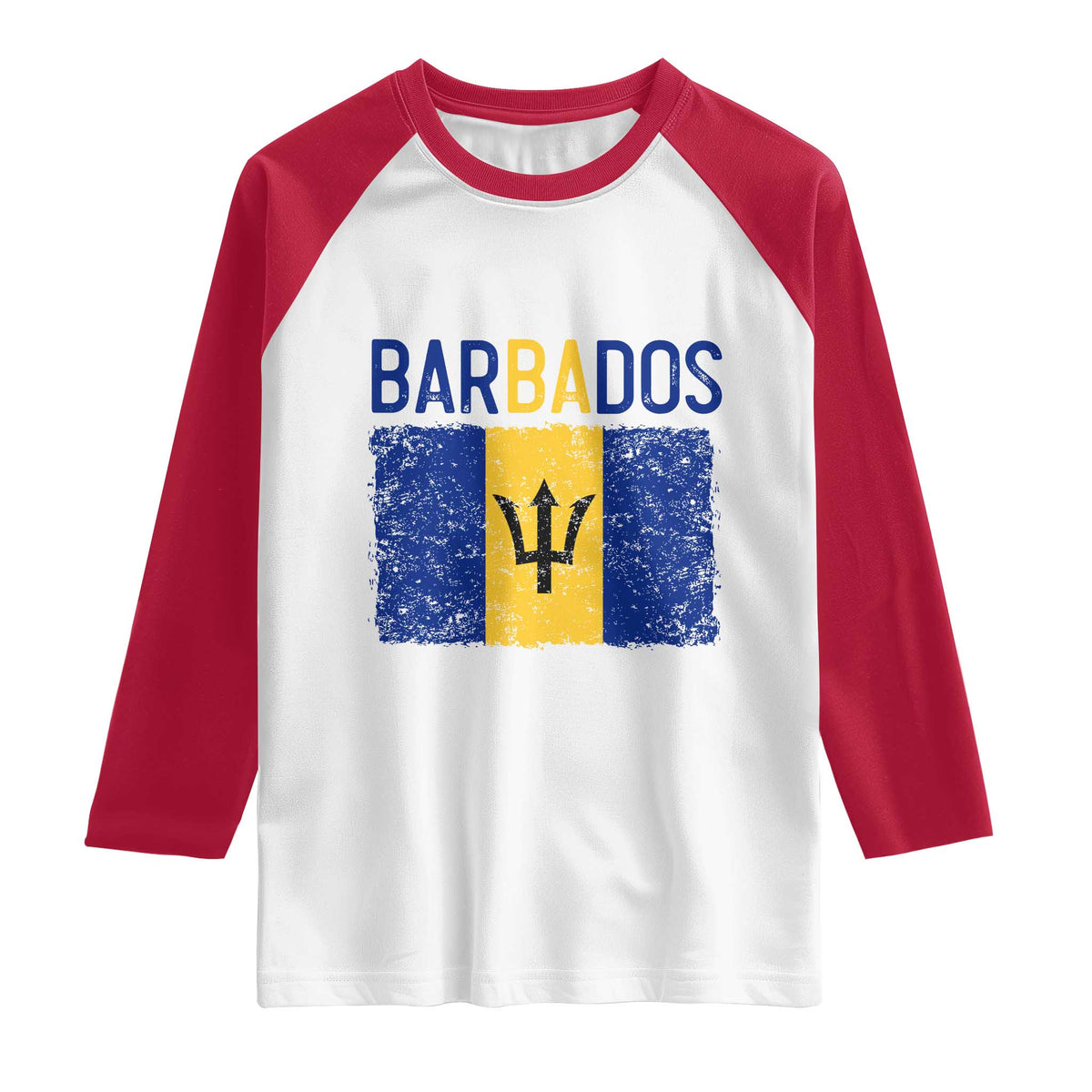 Vintage Distressed Barbados Flag Raglan Shirt Bajan Caribbean Heritage Patriotic Pride Gift TS10 White Red Print Your Wear