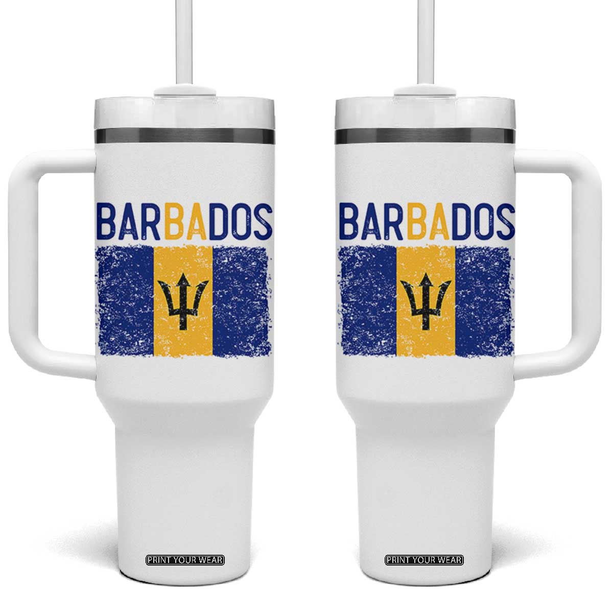 Vintage Distressed Barbados Flag Tumbler With Handle Bajan Caribbean Heritage Patriotic Pride Gift TS10 One Size: 40 oz White Print Your Wear