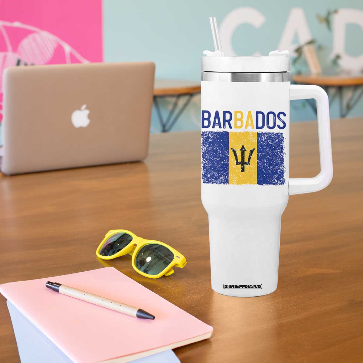 Vintage Distressed Barbados Flag Tumbler With Handle Bajan Caribbean Heritage Patriotic Pride Gift TS10 Print Your Wear