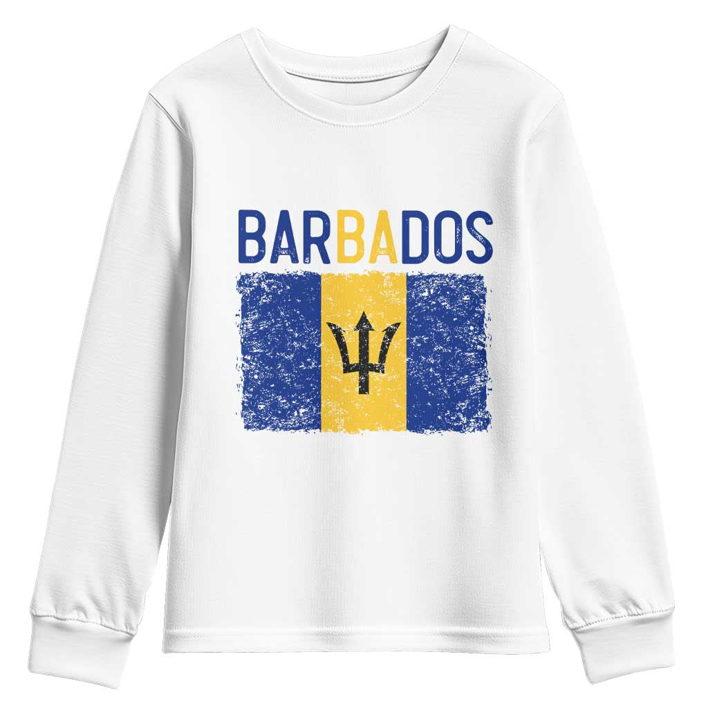 Vintage Distressed Barbados Flag Youth Sweatshirt Bajan Caribbean Heritage Patriotic Pride Gift TS10 White Print Your Wear
