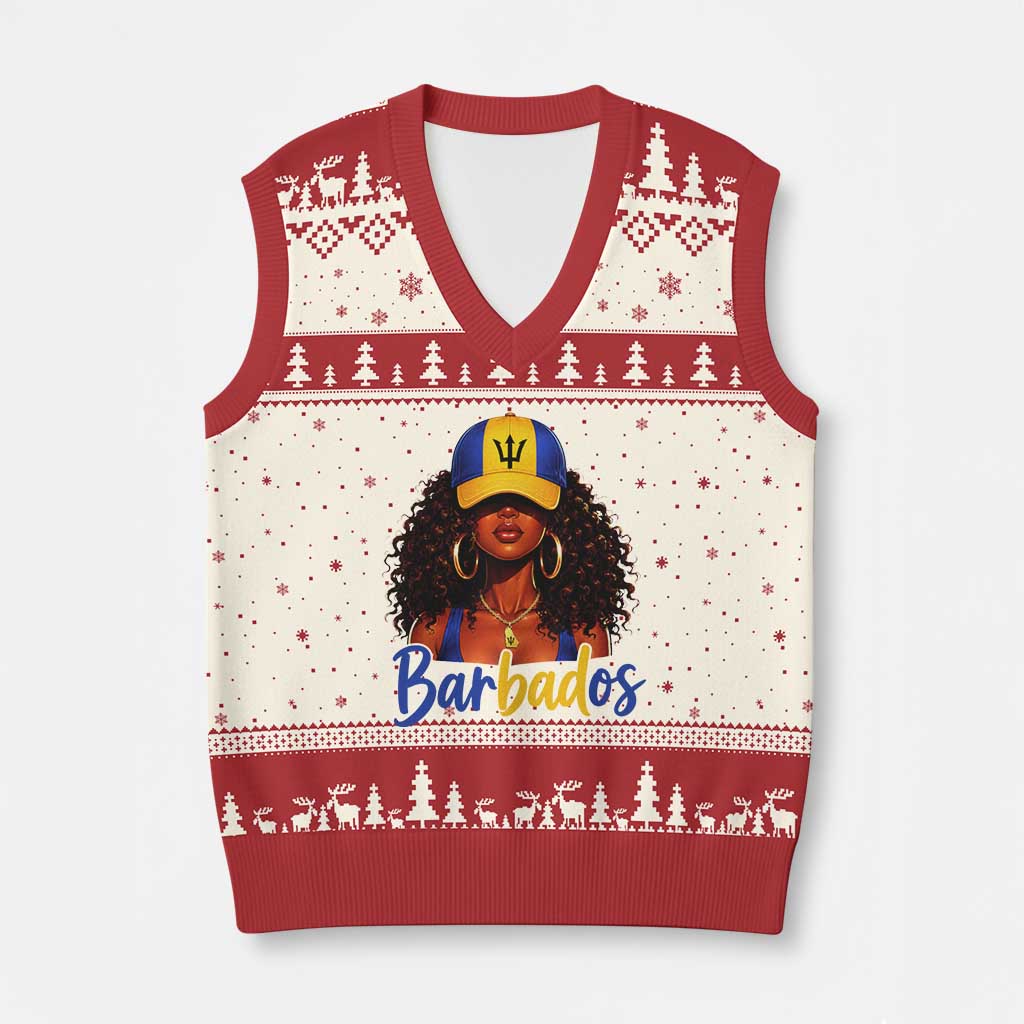 Bajan Girl V-Neck Knit Sweater Vest Barbados Flag Caribbean Heritage Pride Graphic Gift TS10 Beige Red Print Your Wear