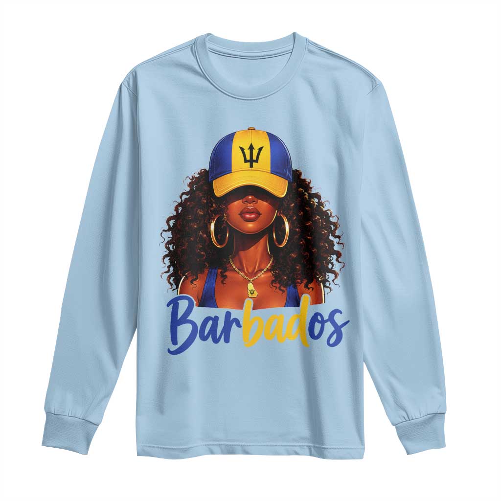 Bajan Girl Long Sleeve Shirt Barbados Flag Caribbean Heritage Pride Graphic Gift TS10 Light Blue Print Your Wear