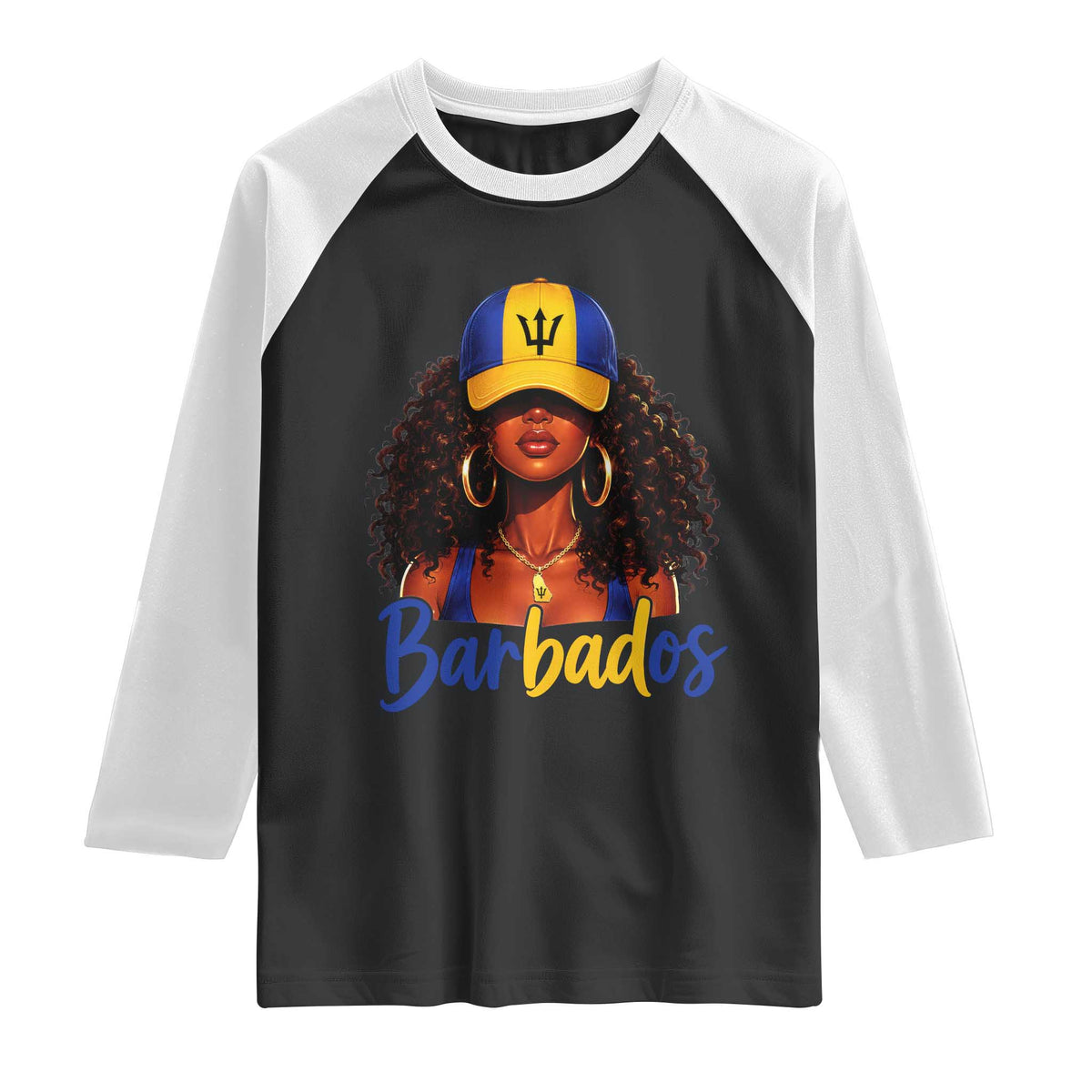 Bajan Girl Raglan Shirt Barbados Flag Caribbean Heritage Pride Graphic Gift TS10 Black White Print Your Wear