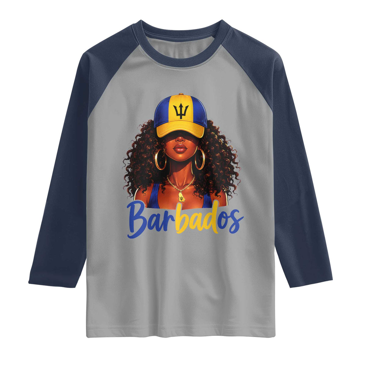 Bajan Girl Raglan Shirt Barbados Flag Caribbean Heritage Pride Graphic Gift TS10 Sport Gray Navy Print Your Wear