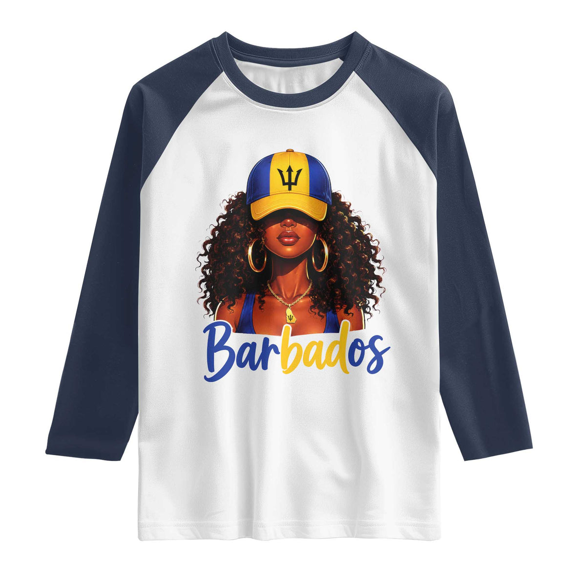 Bajan Girl Raglan Shirt Barbados Flag Caribbean Heritage Pride Graphic Gift TS10 White Navy Print Your Wear