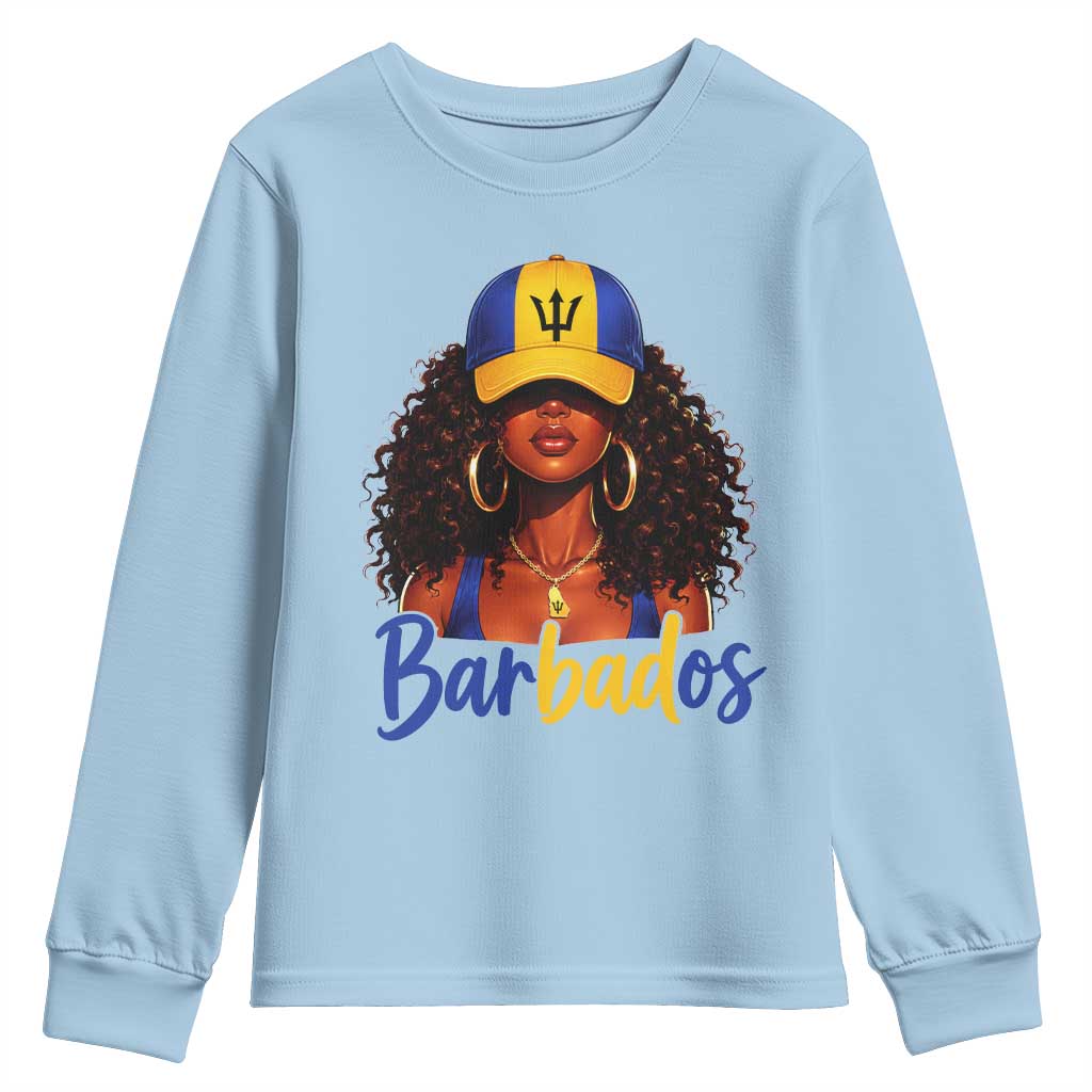 Bajan Girl Youth Sweatshirt Barbados Flag Caribbean Heritage Pride Graphic Gift TS10 Light Blue Print Your Wear