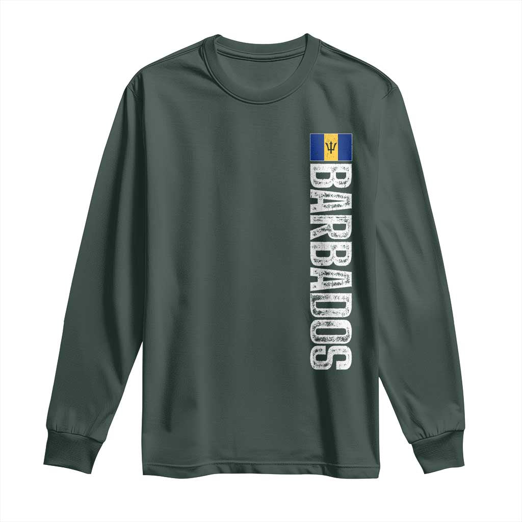 Barbados Flag Long Sleeve Shirt Distressed Vertical Typography Caribbean Island Pride Heritage Gift TS10 Dark Forest Green Print Your Wear