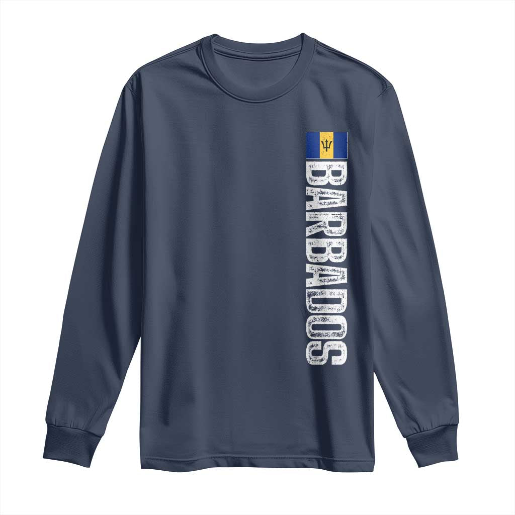 Barbados Flag Long Sleeve Shirt Distressed Vertical Typography Caribbean Island Pride Heritage Gift TS10 Navy Print Your Wear