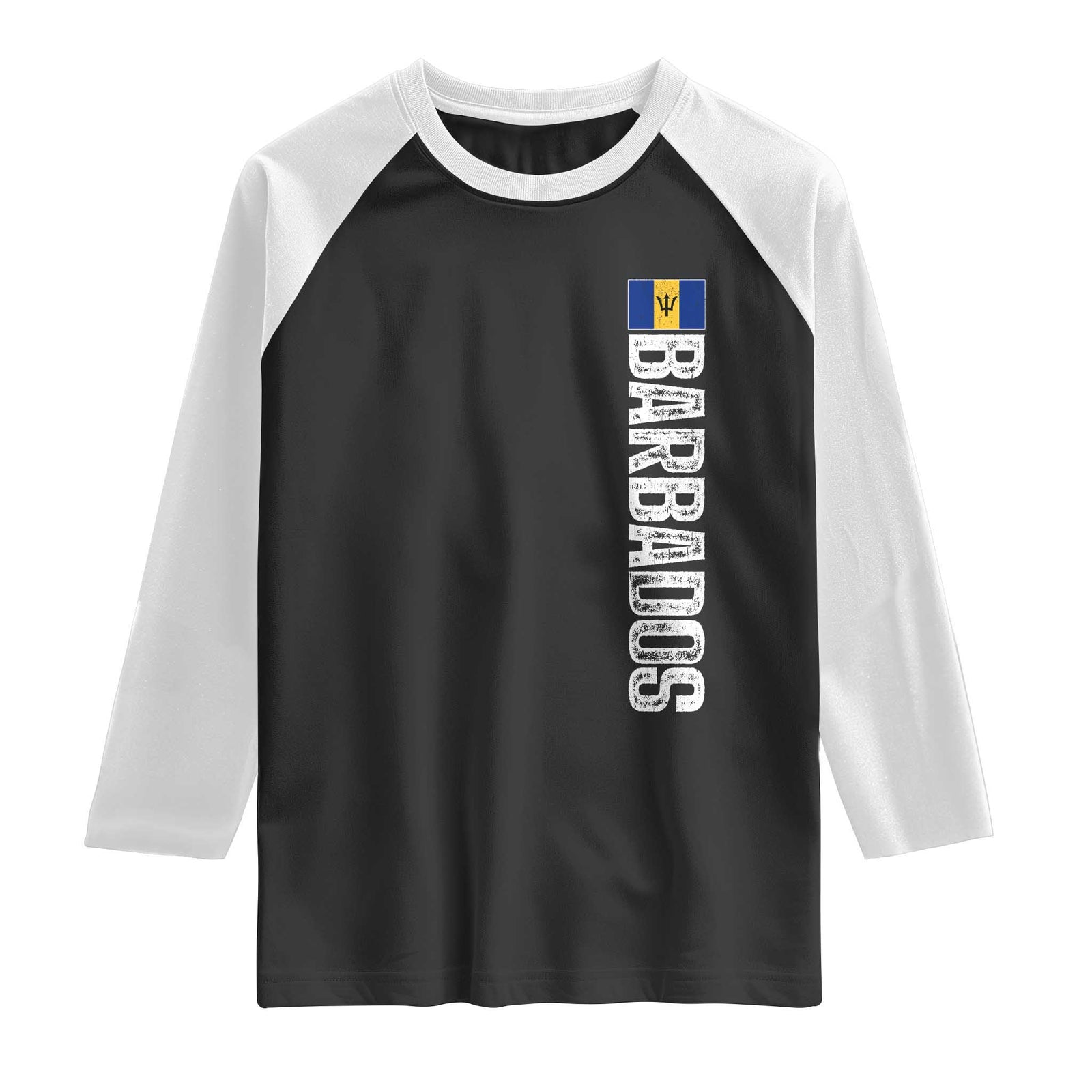 Barbados Flag Raglan Shirt Distressed Vertical Typography Caribbean Island Pride Heritage Gift TS10 Black White Print Your Wear