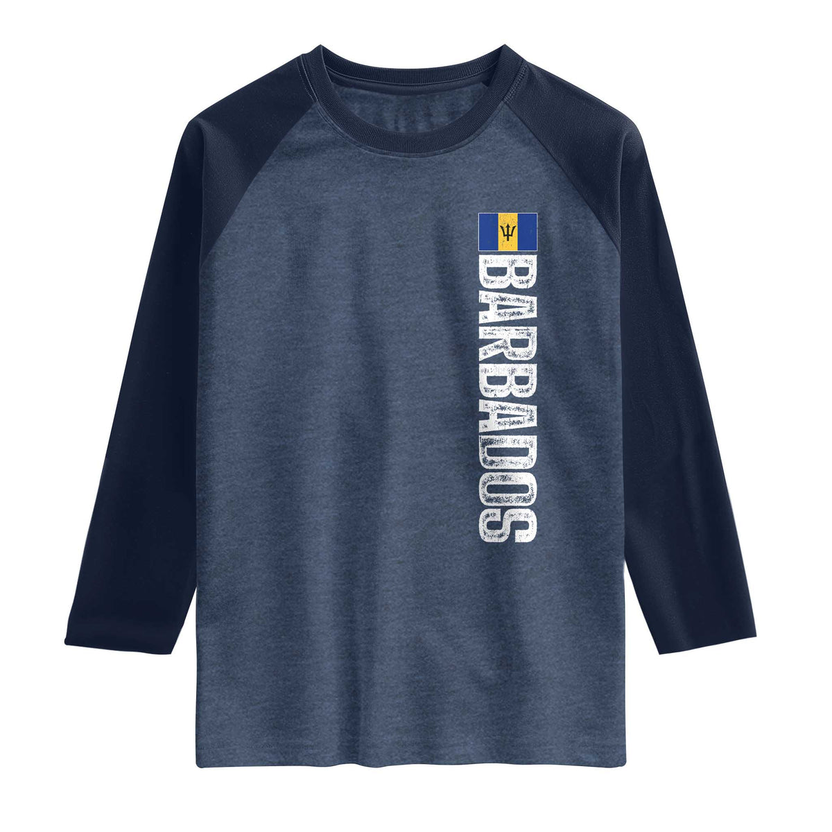 Barbados Flag Raglan Shirt Distressed Vertical Typography Caribbean Island Pride Heritage Gift TS10 Heather Denim Navy Print Your Wear