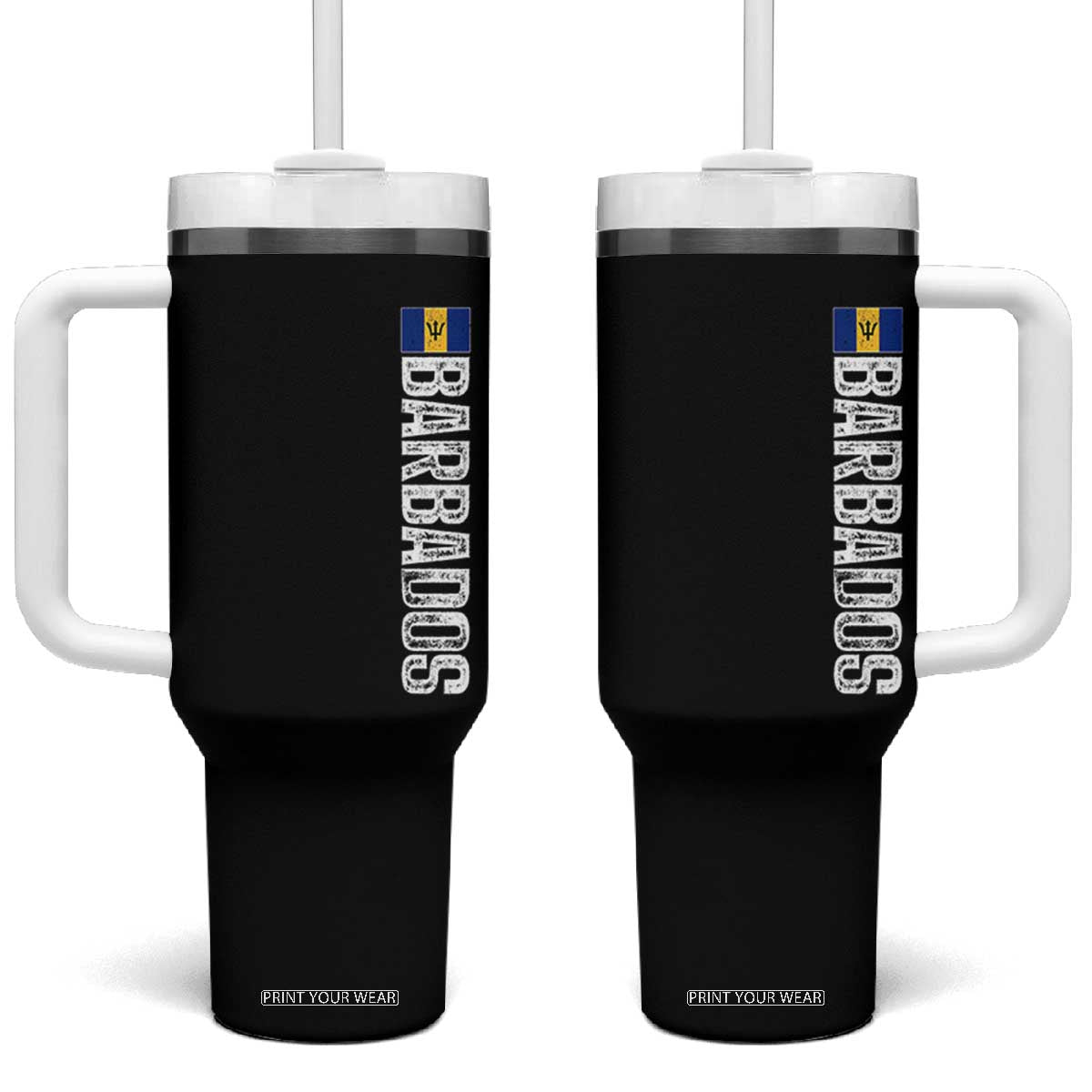 Barbados Flag Tumbler With Handle Distressed Vertical Typography Caribbean Island Pride Heritage Gift TS10 One Size: 40 oz Black Print Your Wear