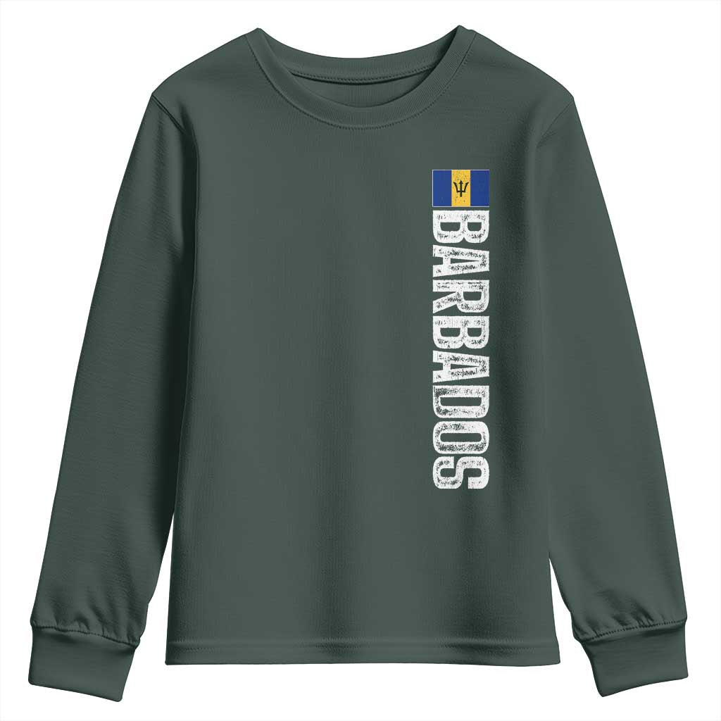 Barbados Flag Youth Sweatshirt Distressed Vertical Typography Caribbean Island Pride Heritage Gift TS10 Dark Forest Green Print Your Wear