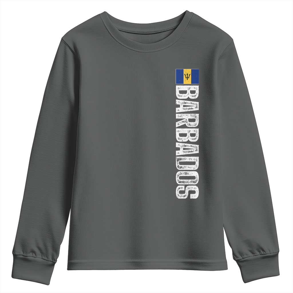 Barbados Flag Youth Sweatshirt Distressed Vertical Typography Caribbean Island Pride Heritage Gift TS10 Dark Heather Print Your Wear