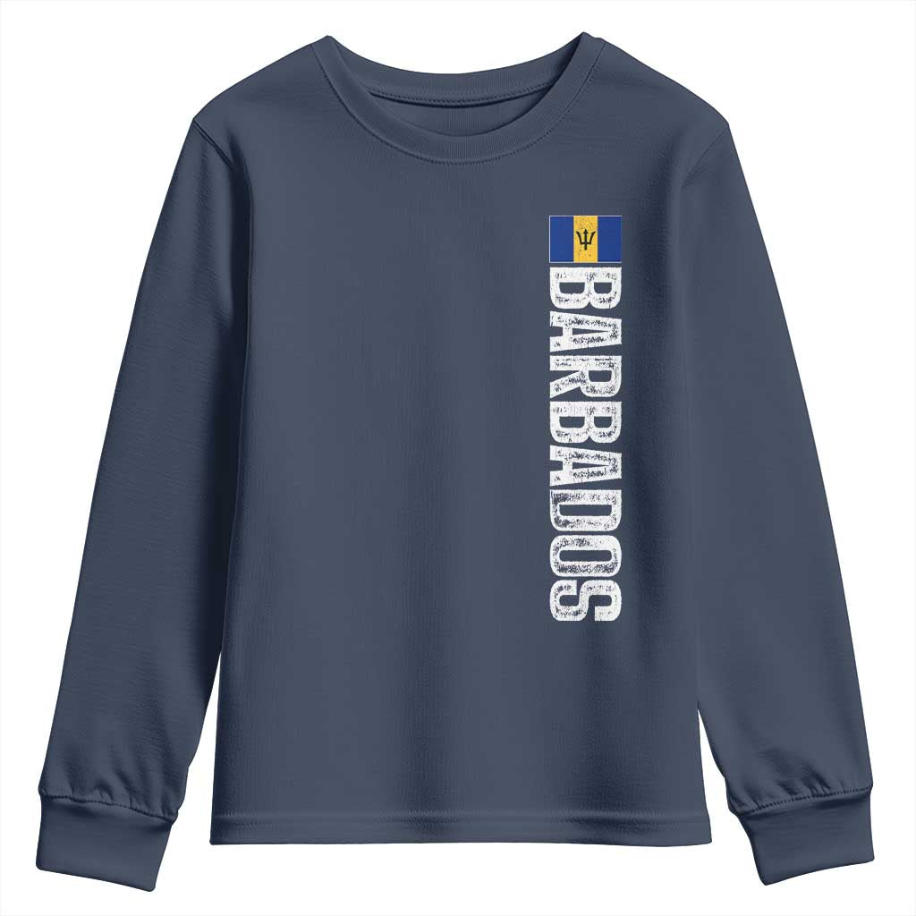 Barbados Flag Youth Sweatshirt Distressed Vertical Typography Caribbean Island Pride Heritage Gift TS10 Navy Print Your Wear