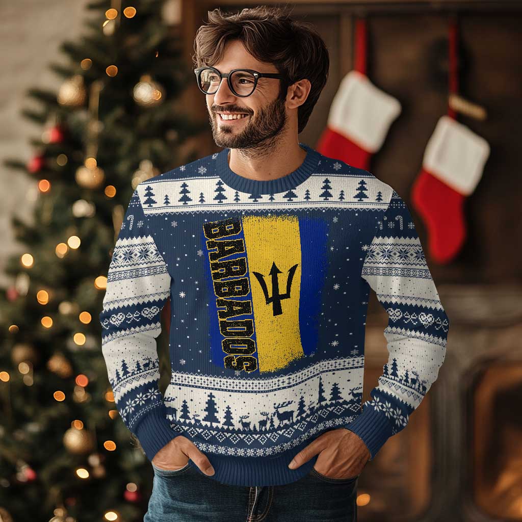 Vintage Barbados Flag Ugly Christmas Sweater Distressed Patriotic Caribbean Island Barbadian Pride Heritage Gift TS10 Navy Beige Print Your Wear