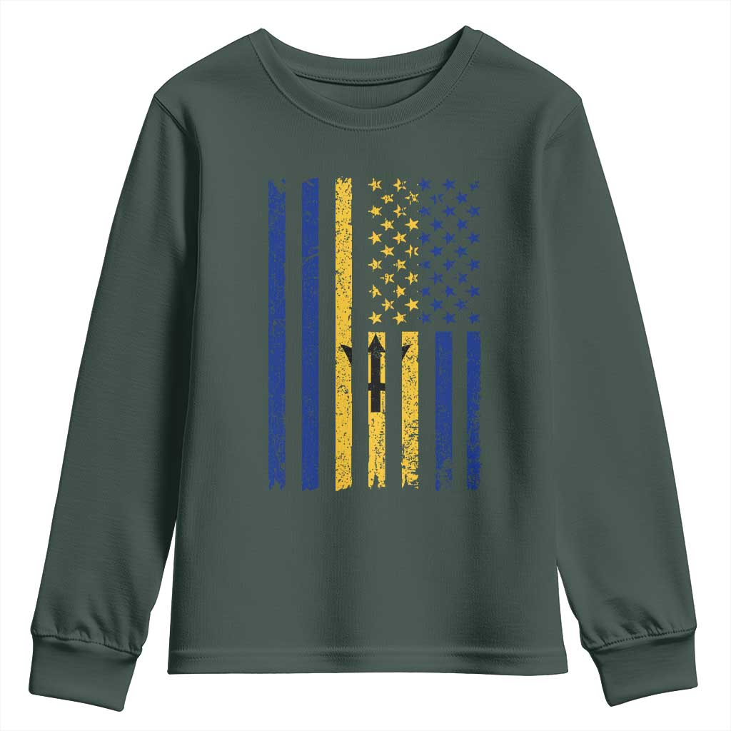Barbados American Flag Youth Sweatshirt Distressed Barbadian Pride Patriotic Heritage Gift TS10 Dark Forest Green Print Your Wear